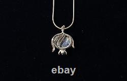 Sterling Silver Blue Roman Glass Necklace Judaica Pomegranate Handmade Pendant