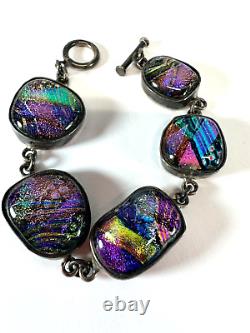 Sterling Silver Bracelet Dichoric Glass Purple Sparkle 53 gram Mexico Foil LZ