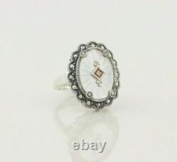 Sterling Silver Camphor Glass Marcasite and Diamond Ring size 7 1/4