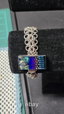 Sterling Silver Chainmaille Link Bracelet Dichroic Glass Box Clasp Unique Rare