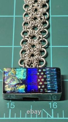 Sterling Silver Chainmaille Link Bracelet Dichroic Glass Box Clasp Unique Rare