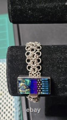 Sterling Silver Chainmaille Link Bracelet Dichroic Glass Box Clasp Unique Rare