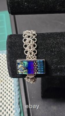 Sterling Silver Chainmaille Link Bracelet Dichroic Glass Box Clasp Unique Rare