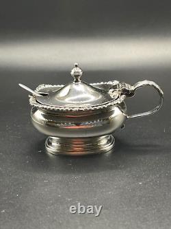 Sterling Silver Condiment Pot with Cobalt Blue Glass Liner & Matching Spoon