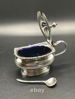 Sterling Silver Condiment Pot with Cobalt Blue Glass Liner & Matching Spoon