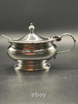 Sterling Silver Condiment Pot with Cobalt Blue Glass Liner & Matching Spoon