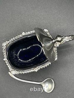 Sterling Silver Condiment Pot with Cobalt Blue Glass Liner & Matching Spoon