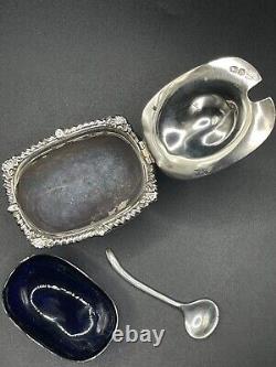 Sterling Silver Condiment Pot with Cobalt Blue Glass Liner & Matching Spoon