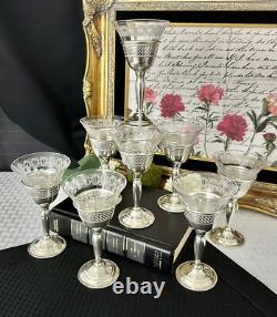 Sterling Silver Cordials with Glass Etched Inserts Silver Cups Vintage Elgin 8