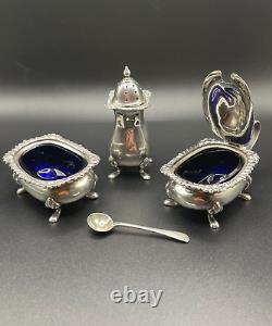 Sterling Silver Cruet Set with Cobalt Glass Liners, Birmingham 1960