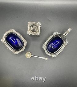 Sterling Silver Cruet Set with Cobalt Glass Liners, Birmingham 1960