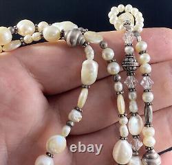 Sterling Silver Cultured & Freshwater Pearl Glass Bead Necklace Fine Long Heavy