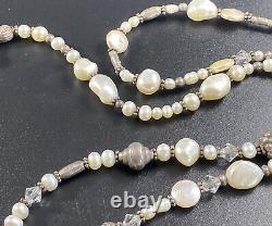 Sterling Silver Cultured & Freshwater Pearl Glass Bead Necklace Fine Long Heavy