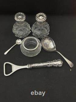 Sterling Silver & Cut Glass Condiment Set 925 Shakers, Jam Pot, Sifter Spoon