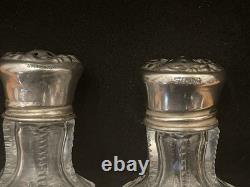 Sterling Silver & Cut Glass Condiment Set 925 Shakers, Jam Pot, Sifter Spoon