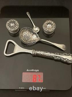 Sterling Silver & Cut Glass Condiment Set 925 Shakers, Jam Pot, Sifter Spoon