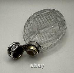 Sterling Silver Cut Glass Laydown Perfume or Flask Bottle Vintage Antique