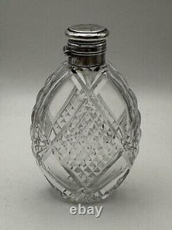 Sterling Silver Cut Glass Laydown Perfume or Flask Bottle Vintage Antique