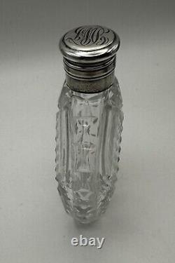 Sterling Silver Cut Glass Laydown Perfume or Flask Bottle Vintage Antique