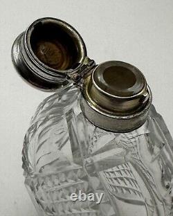 Sterling Silver Cut Glass Laydown Perfume or Flask Bottle Vintage Antique