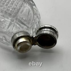 Sterling Silver Cut Glass Laydown Perfume or Flask Bottle Vintage Antique