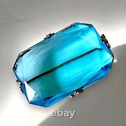 Sterling Silver Czech Glass Brooch Blue 925 Edwardian C Clasp Vintage
