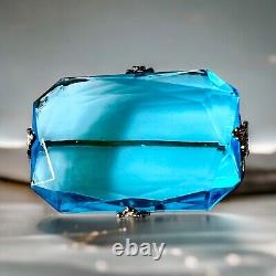 Sterling Silver Czech Glass Brooch Blue 925 Edwardian C Clasp Vintage