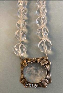 Sterling Silver Deco Art Nouveau Crystal Etched Glass Necklace