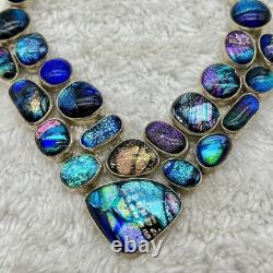 Sterling Silver Dichroic Art Glass Necklace Blue Iridescent Stamped 925 16