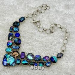 Sterling Silver Dichroic Art Glass Necklace Blue Iridescent Stamped 925 16