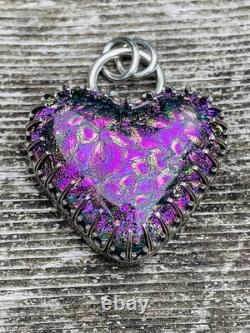 Sterling Silver Dichroic Glass Heart Pendant Chunky Heart Pendant HANDMADE pink
