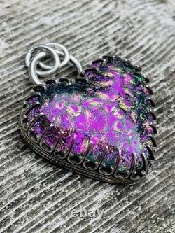 Sterling Silver Dichroic Glass Heart Pendant Chunky Heart Pendant HANDMADE pink
