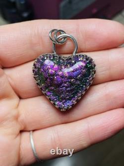 Sterling Silver Dichroic Glass Heart Pendant Chunky Heart Pendant HANDMADE pink