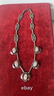 Sterling Silver Dragons Breath Glass Opal Mexico Link Vtg MCM Necklace 46g