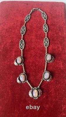 Sterling Silver Dragons Breath Glass Opal Mexico Link Vtg MCM Necklace 46g