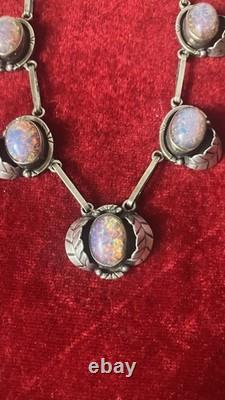 Sterling Silver Dragons Breath Glass Opal Mexico Link Vtg MCM Necklace 46g