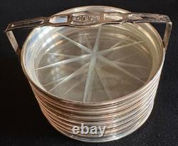 Sterling Silver/Etched Glass 8 Coasters with S. S. Caddy by M. Fred Hirsch Co Inc