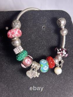 Sterling Silver European Charm Bracelet Murano Glass&Crystal Beads 45.3g sz. 7-8