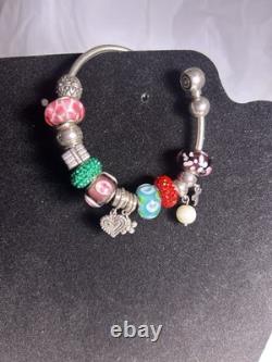 Sterling Silver European Charm Bracelet Murano Glass&Crystal Beads 45.3g sz. 7-8
