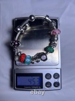 Sterling Silver European Charm Bracelet Murano Glass&Crystal Beads 45.3g sz. 7-8