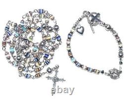 Sterling Silver & Glass Cat Eye Rosary & Matching Rosary Bracelet Set 35.6g