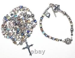 Sterling Silver & Glass Cat Eye Rosary & Matching Rosary Bracelet Set 35.6g