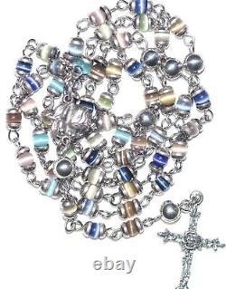 Sterling Silver & Glass Cat Eye Rosary & Matching Rosary Bracelet Set 35.6g