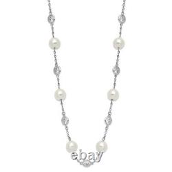 Sterling Silver Glass Pearl and Cubic Zirconia Bezel Station 18.25 Necklace