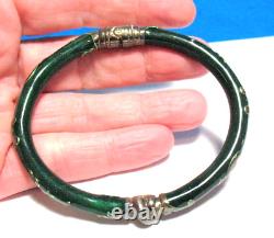 Sterling Silver Green Glass Bangle Bracelet Hinged Italy 19 Grams