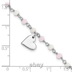 Sterling Silver Heart Pink/White Glass Beads 7.5in Bracelet 2.75gram Length-7.5
