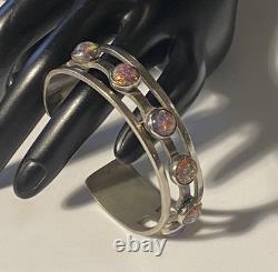Sterling Silver Maker Mark Stamped 925 Foiled Art Glass Opal Adjustable Bracelet