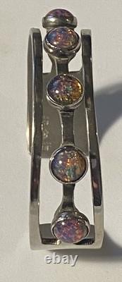 Sterling Silver Maker Mark Stamped 925 Foiled Art Glass Opal Adjustable Bracelet
