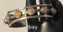 Sterling Silver Maker Mark Stamped 925 Foiled Art Glass Opal Adjustable Bracelet