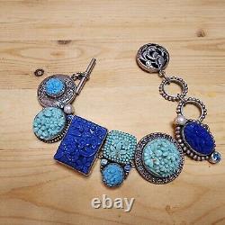 Sterling Silver Mars & Valentine Blue Vintage Pressed Glass Toggle Bracelet